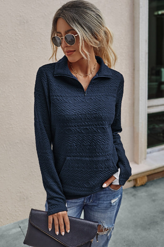 ZIP UP SOLID LONG SLEEVE PULLOVER SWEATER- Navy