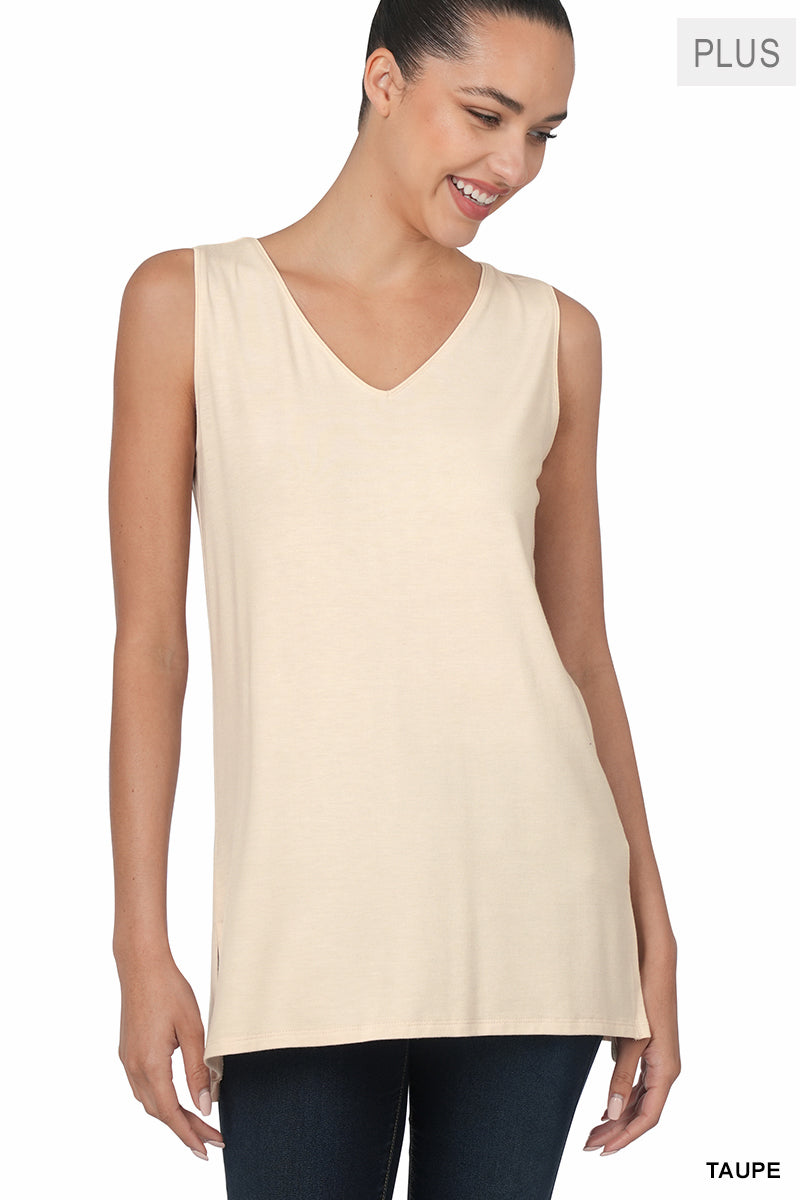 Sleeveless Side Slit Top- Plus Size- Taupe