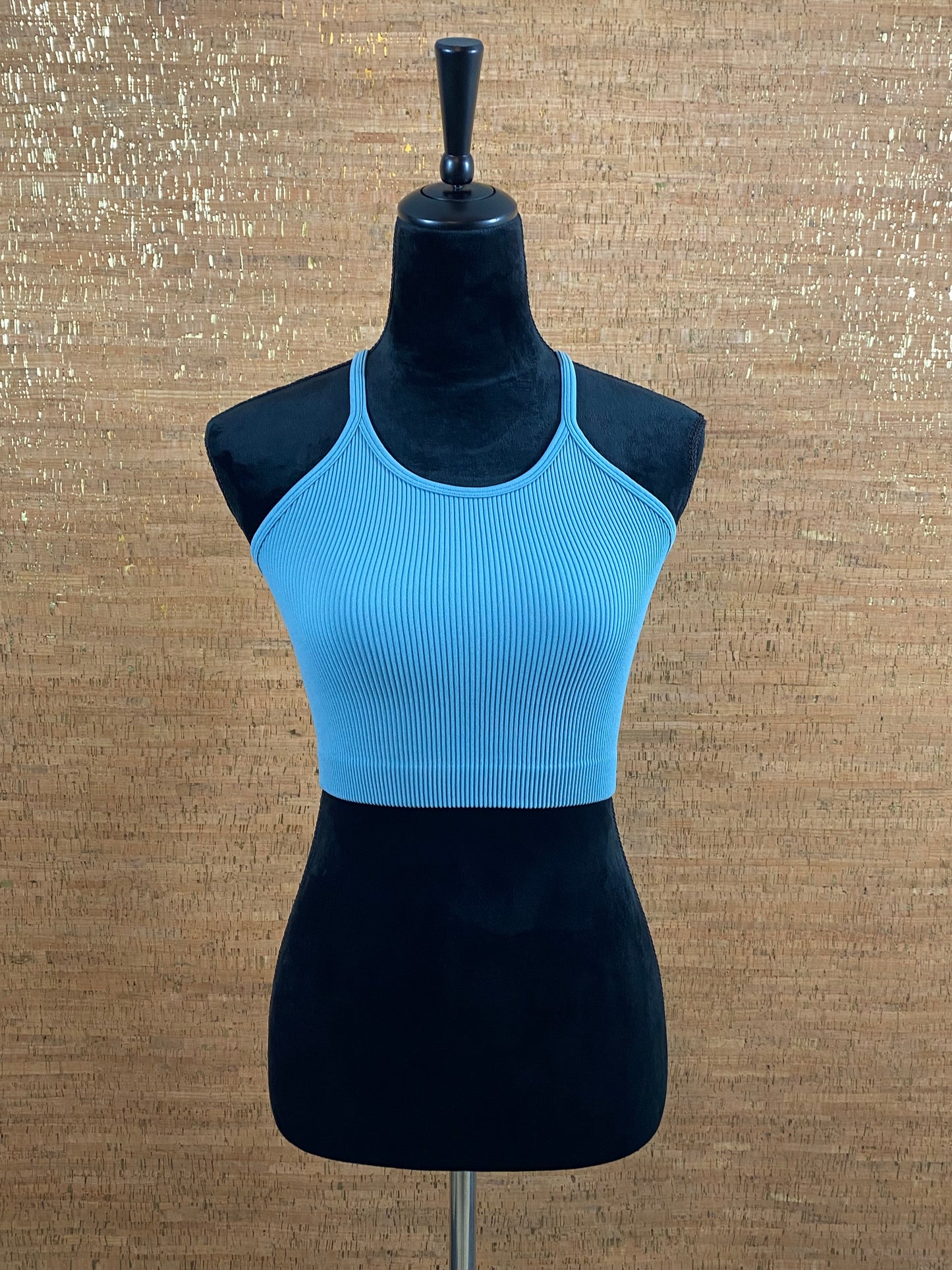 RIBBED SEAMLESS CROPPED CAMI TOP-Blue-Grey